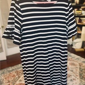 J. Crew Factory Black and White Striped Dress with Ruffle Sleeve Detail